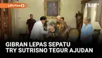 Wakil Presiden (Wapres) Gibran Rakabuming bersilaturahmi ke kediaman Wapres ke-6 Republik Indonesia, Jenderal (Purn) Try Sutrisno, di Jakarta, Rabu (13/8/2025). Sebelum masuk ke dalam rumah Try Sutrisno, Gibran dengan sopan melepas sepatunya. Sampai-...