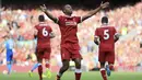 Pemain Liverpool, Daniel Sturridge  merayakan golnya ke gawang Arsenal Arsenal pada lanjutan Premier League di Anfield Stadium, Liverpool, (27/8/2017). Liverpool menang 4-0. (Peter Byrne/PA via AP)