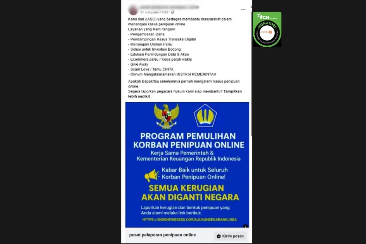 Cek Fakta Liputan6.com mendapati klaim link pelaporan program pemulihan korban penipuan online dari Indonesia Anti-Scam Centre (IASC).