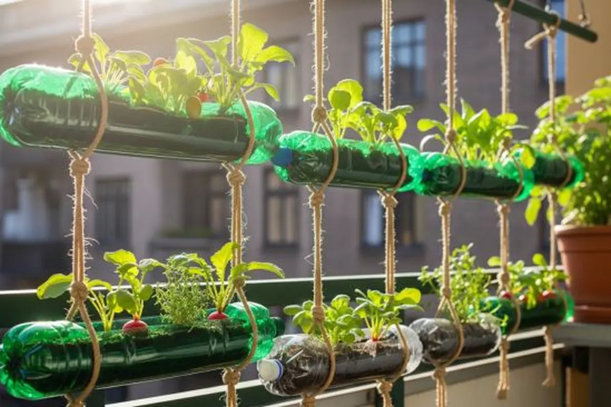 Ilustrasi Desain Kebun Sayur Pocket Garden dari Botol Plastik Bekas/Gemini AI