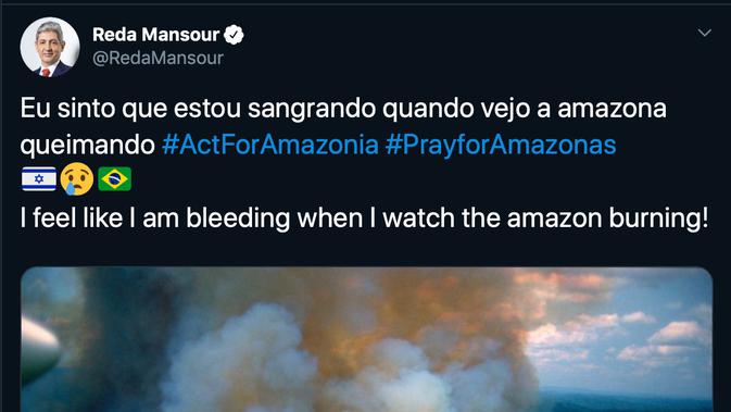 Dubes Israel untuk Panama, Reda Mansour mencuitkan sebuah foto dan pernyataan terkait kebakaran hutan Amazon pada Jumat (23/8/2019)