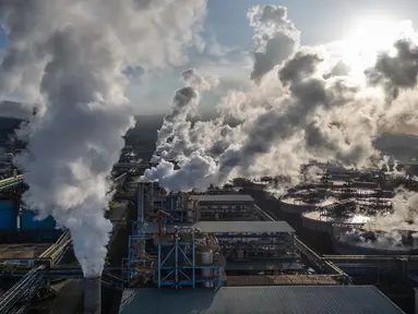 Foto udara yang diambil pada tanggal 18 April 2025 menunjukkan kepulan asap di Weda Bay Industrial Park (WBIP), pusat pengolahan dan peleburan nikel, di Lelilef Sawai, Halmahera Tengah, Maluku Utara. (Foto oleh AFP)