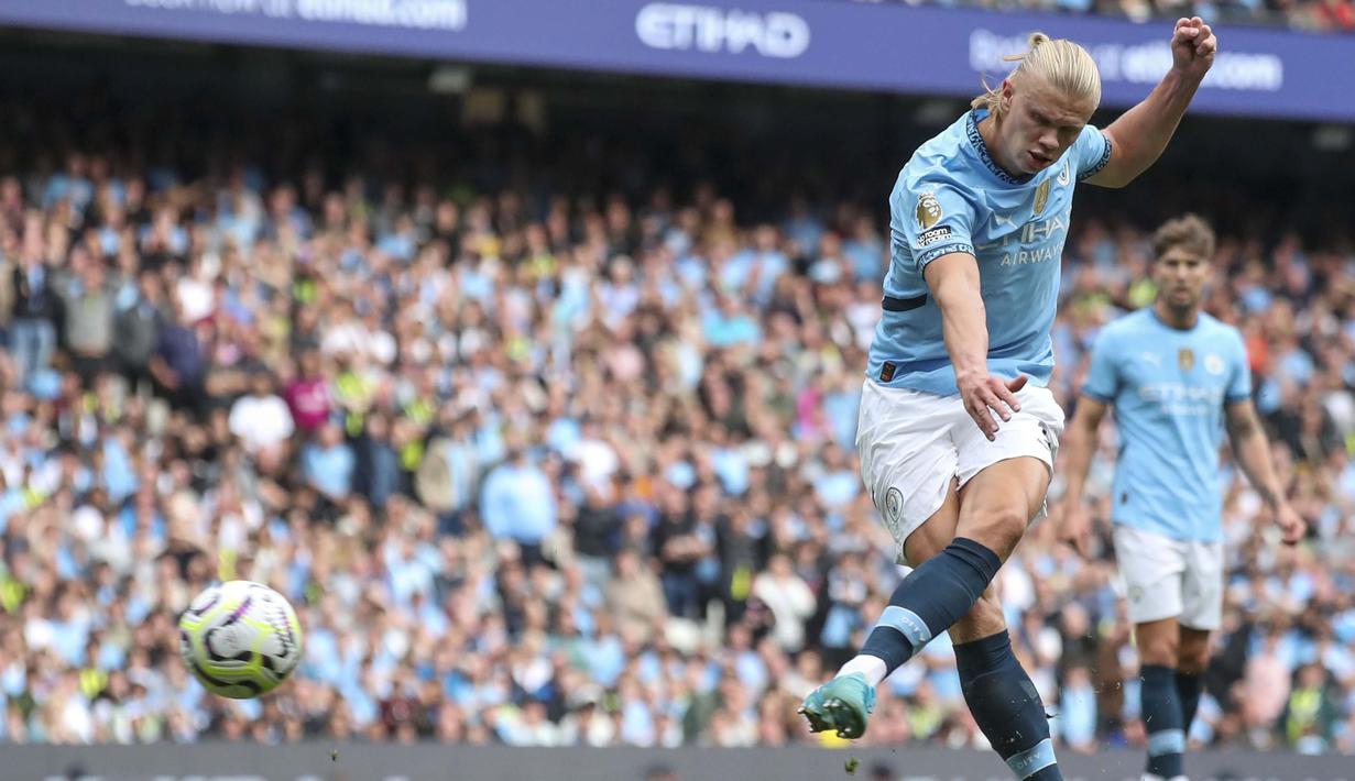 Tambahan dua gol ini membuat Haaland sudah mengemas sembilan gol hanya dari empat pertandingan sejak awal musim. (AP Photo/Scott Heppel)