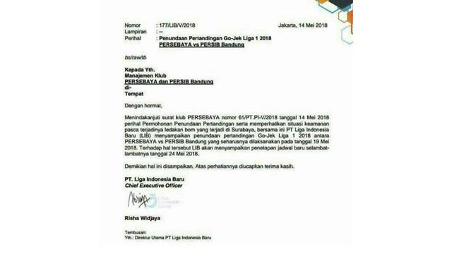 Surat penundaan laga Liga 1 2018 antara Persebaya Vs Persib