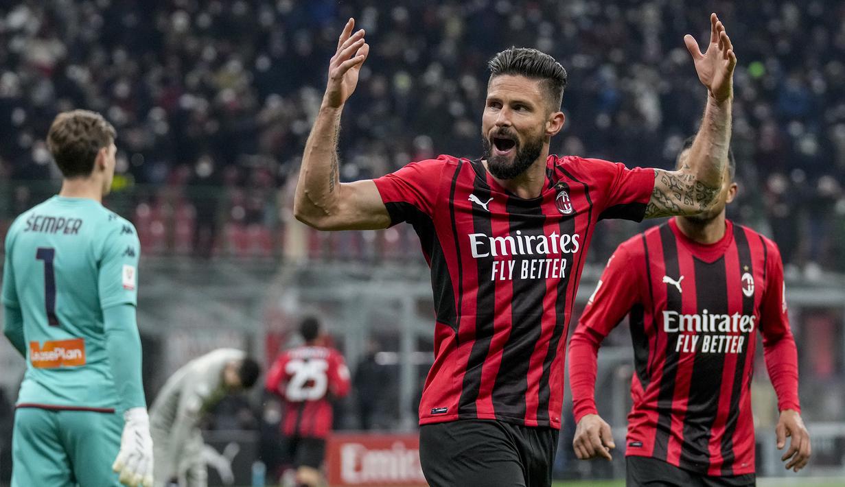 Gol yang ditunggu akhirnya datang pada menit ke-74. Tandukan Olivier Giroud usai menerima umpan silang Theo Hernandez berhasil menyamakan skor menjadi 1-1. (AP/Antonio Calanni)