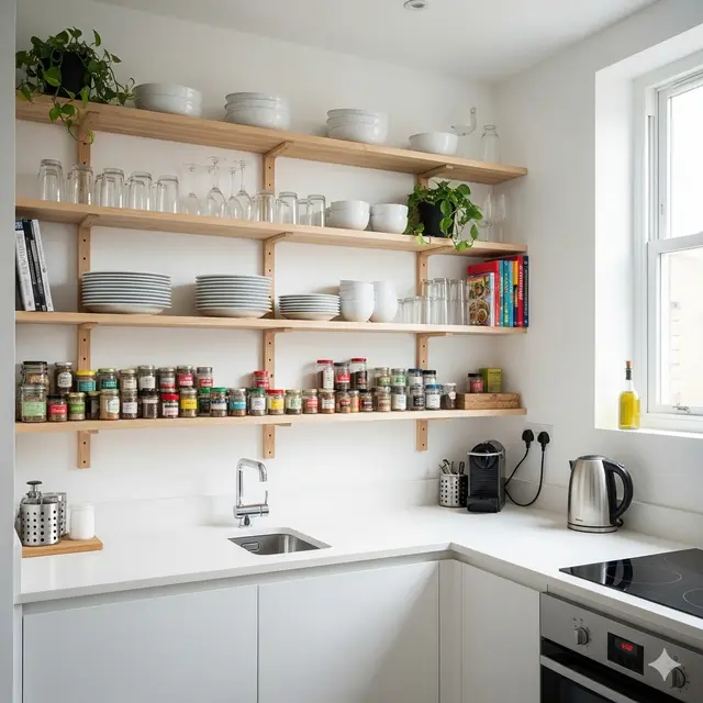 Desain Dapur Kecil Minimalis dengan Rak Terbuka (Image by Gemini AI)