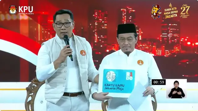 Paslon Pilkada Jakarta 2024 nomor urut 1 Ridwan Kamil-Suswono menunjukkan Kartu Jakarta Maju dalam penutupan debat perdana Pilkada Jakarta 2024.