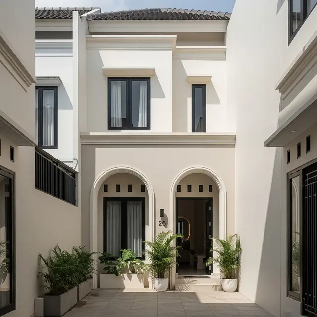 Fasad Rumah Mediterania Modern untuk Gang Sempit agar Tampil Estetik (AI Generated)