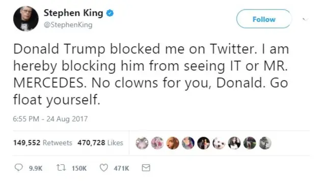 Novelis terkenal melakukan aksi balas dendam kepada Presiden Trump dengan memblok akun Twitternya.