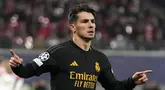 Pemain Real Madrid Brahim Diaz mencetak gol kemenangan timnya ke gawang RB Leipzig pada laga pertama babak 16 besar Liga Champions 2023/2024 di stadion arena Red Bull, Leipzig, Jerman, Rabu (14/2/2024) dini hari. WIB.  (Foto AP/Mathias Schrader)
