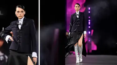 Foto kombinasi Tamara Dai berjalan di catwalk mempersembahkan kreasi untuk L'Oreal selama peragaan busana Spring-Summer 2023 sebagai bagian dari Paris Womenswear Fashion Week, di Paris, pada 2 Oktober 2022. (AFP/Julien De Rosa)