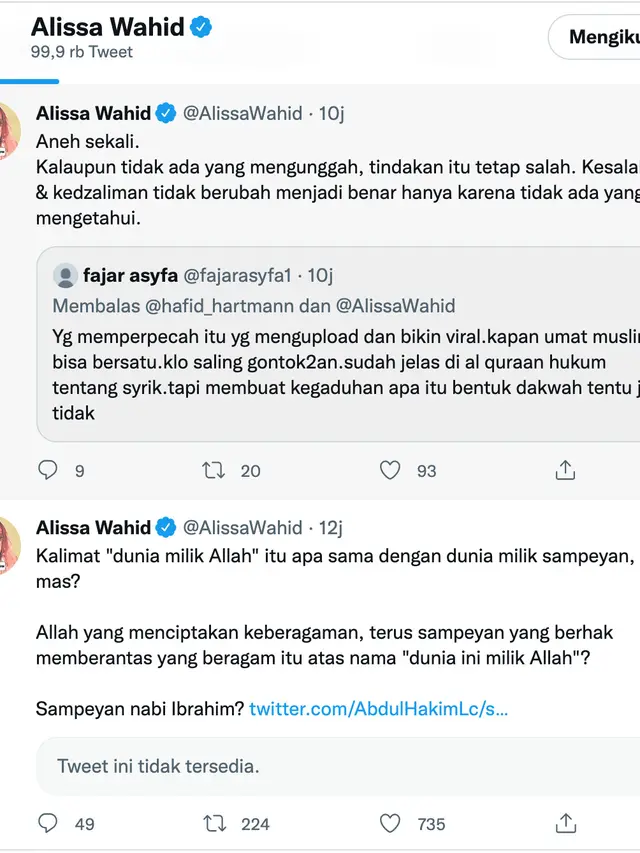 Cuitan Alissa Wahid soal viar pria tendang sesajen di Gunung Semeru. (Foto: Dok. Twitter @alissawahid)