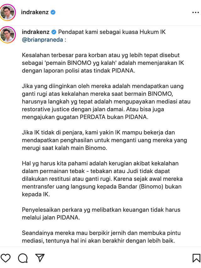Pernyataan sikap pengacara Indra Kenz setelah kliennya divonis 10 tahun penjara. (Foto: Dok. Instagram @indrakenz)