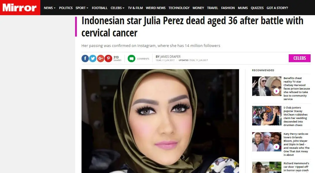 Kematian Julia Perez menjadi perhatian media internasional (mirror.co.uk)