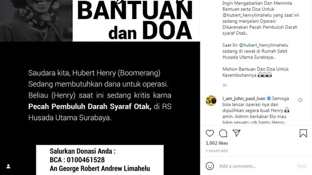 Hubert Henry vokalis Boomerang alami pecah pembuluh darah syaraf otak