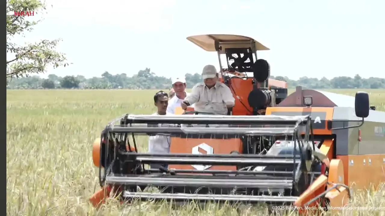 Presiden Prabowo Subianto saat menjajal mesin panen atau Combine Harvester saat panen raya di Kabupaten Majalengka, Provinsi Jawa Barat.