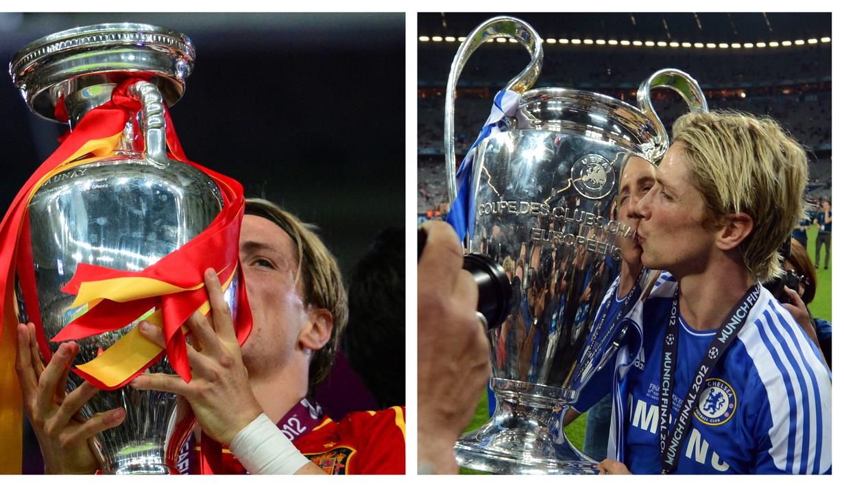 Fernando Torres. Seperti Juan Mata, ia juga bagian dari skuat Chelsea yang merebut trofi si Kuping Besar pada 2011/2012. Ia juga mencetak satu gol saat Timnas Spanyol mencukur Italia di final Euro 2012 sekaligus sukses mempertahankan gelar yang direbut pada 2008. (Foto:AFP/Franck Fife/Adrian Dennis)