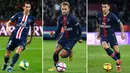 Kombinasi gambar menunjukkan (kiri-Kanan) pemain Paris Saint-Germain Angel Di Maria di Paris pada 9 Februari 2020, Neymar di Paris pada 7 Oktober 2018, dan Leandro Paredes di Paris pada 7 April 2019. Ketiganya dinyatakan positif virus corona COVID-19. (Franck FIFE, Geoffroy VAN DER HASSELT/AFP)