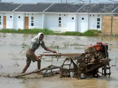 Petani membajak sawah di kawasan Sarakan, Sepatan, Tangerang, Banten, Rabu (25/4). Sejumlah petani gelisah dengan perkembangan perumahan yang terus menggerogoti lahan persawahan terutama kawasan Sepatan ditetapkan Pemda setempat sebagai kawasan pekembangan perumahan di Tangerang. (Antara)