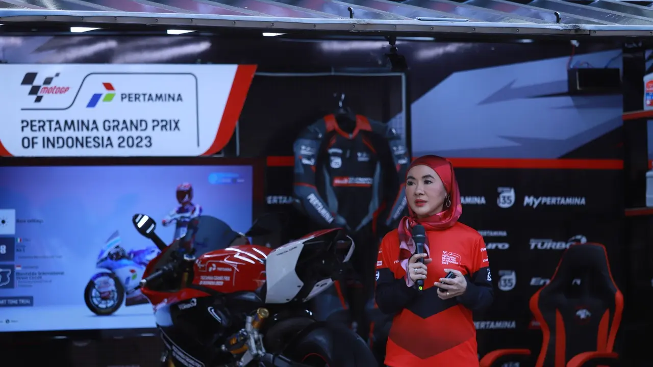 Direktur Utama Pertamina, Nicke Widyawati dalam Launching Pertamina GP of Indonesia atau MotoGP Mandalika, bertempat di The Space Senayan City, Jakarta, Sabtu 22 Juli 2023.