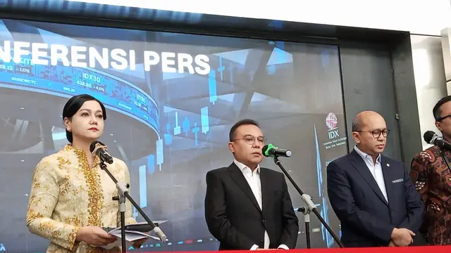 Wakil Ketua DPR RI Sufmi Dasco Ahmad dalam konferensi pers di gedung Bursa Efek Indonesia (BEI), Jakarta, Jumat (16/10/2026). Liputan6.com/Drey)