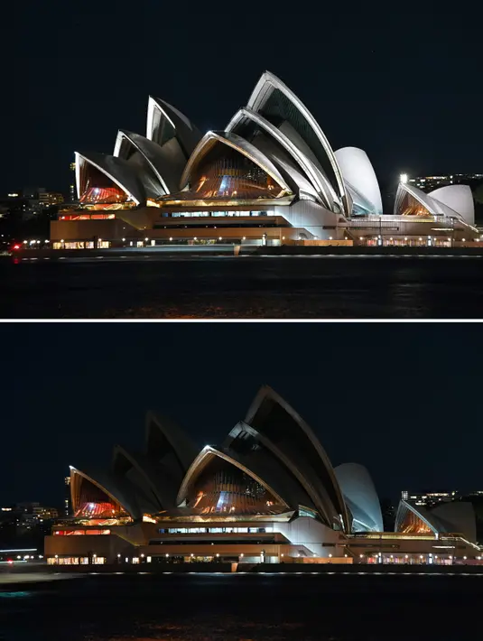 Foto kombinasi menunjukkan Gedung Opera Sydney terlihat sebelum (atas) dan selama Earth Hour (bawah) di Sydney (27/3/2021). (AFP/Steven Saphore)