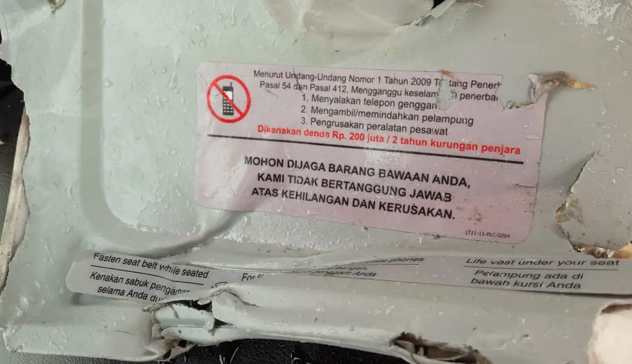 Puing dari pesawat Lion Air bernomor penerbangan JT-610 rute Jakarta-Pangkalpinang yang jatuh di perairan Tanjung Karawang, Jawa Barat, Senin (29/10). Pesawat Lion Air tersebut membawa 189 orang, termasuk penumpang dan kru pesawat. (Dok. Basarnas)