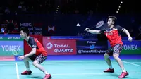 Aksi ganda putra Indonesia, Kevin Sanjaya Sukamuljo/Marcus Fernaldi Gideon, pada babak pertama All England 2019 di Birmingham Arena, Rabu (6/3/2019). (PBSI)