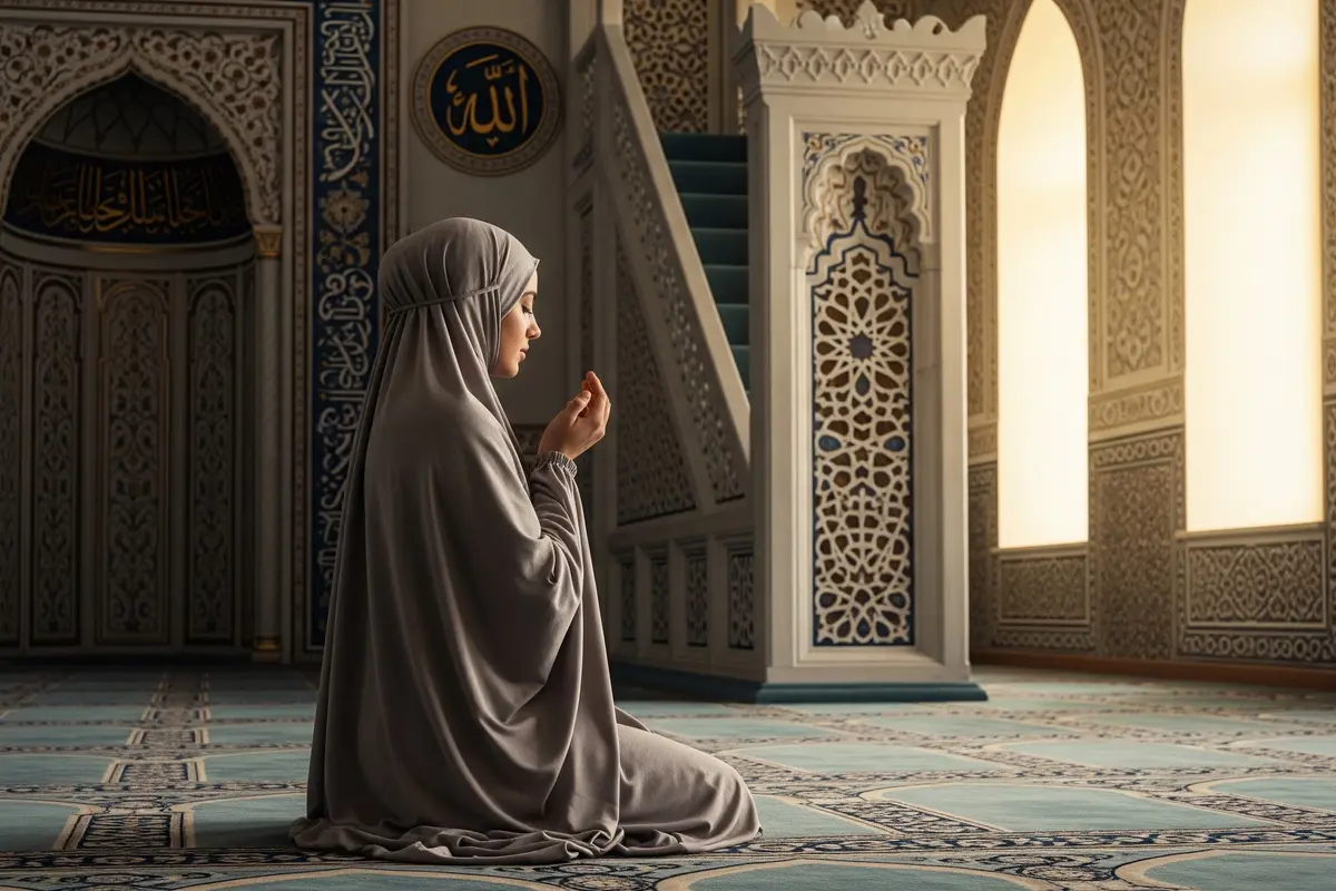 Ilustrasi Perempuan Muslimah Sholat/Gemini AI