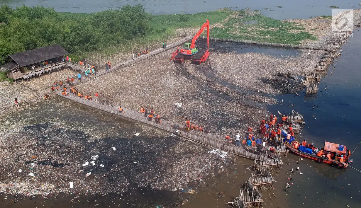 Petugas dengan menggunakan eskavator melakukan pengerukan sampah di kawasan Hutan Mangrove Ecomarine Muara Angke, Jakarta Utara, Minggu (18/3). Pembersihan sampah di kawasan ini ditargetkan selesai dalam waktu 1 minggu. (Liputan6.com/Arya Manggala)