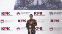 Presiden Joko Widodo atau Jokowi saat memberikan sambutan pada Hari Antikorupsi Sedunia 2021 di Gedung KPK, Jakarta. (Ist)