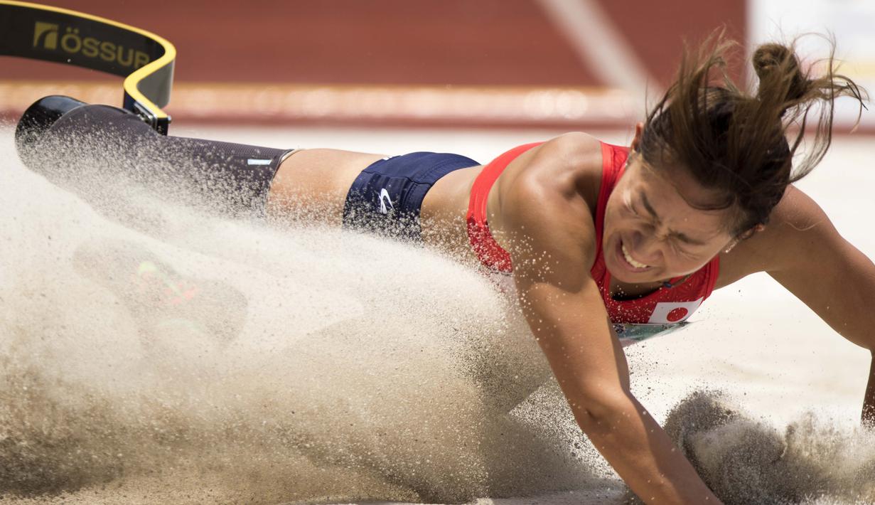 Nakanishi Maya atlet Jepang peraih medali emas di nomor lompat jauh putri klasifikasi T42-44/61-64 pada Asian Para Games 2018, di Stadion Utama Gelora Bung Karno Jakarta, Selasa (9/10/2018).  (Bola.com/Peksi Cahyo)