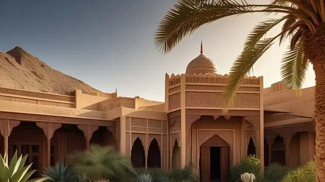 Desain rumah arab dengan halaman luas penuh dengan tanaman hijau. (Foto: Meta AI)