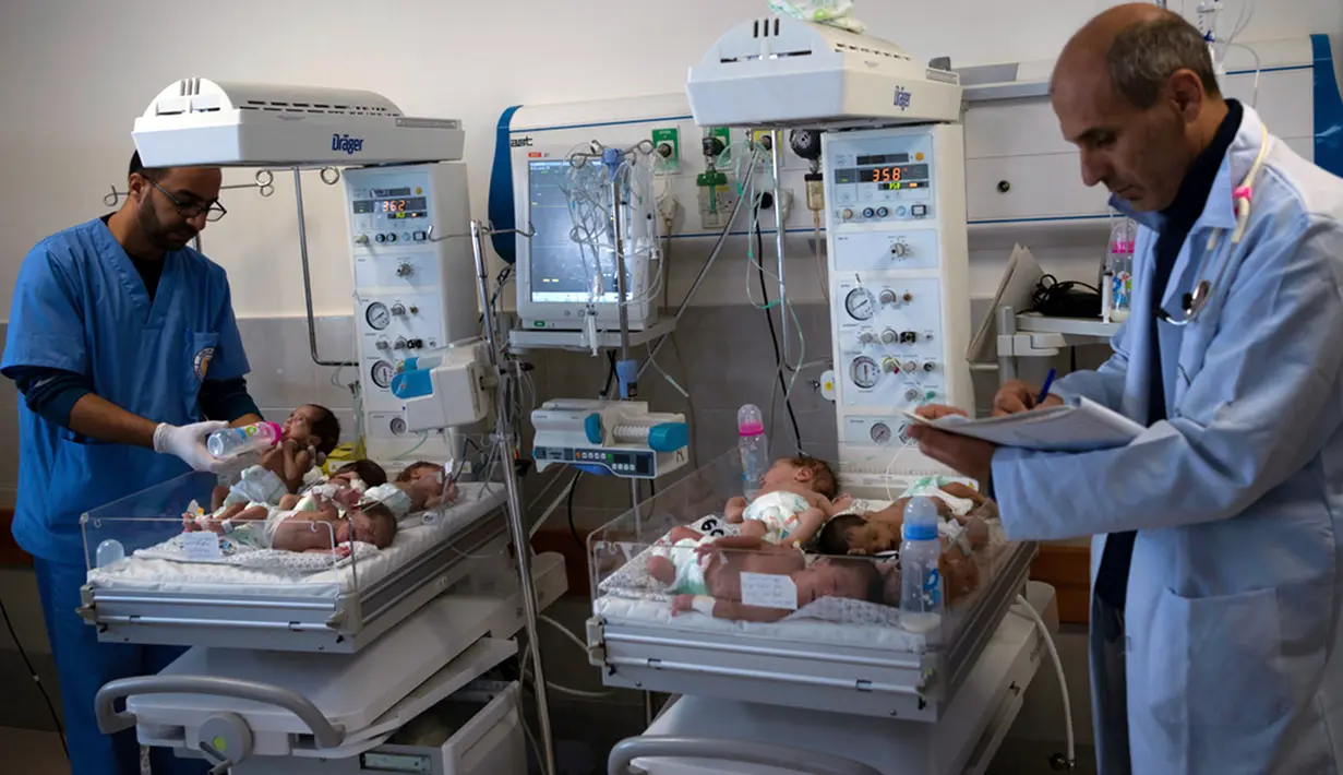 Sebanyak 28 bayi prematur itu tiba di Mesir pada Senin (20/11). (AP Photo/Fatima Shbair)