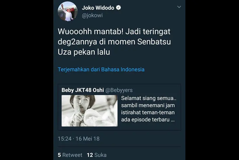Akun Twitter Jokowi yang mencuit JKT48. (Foto: Twitter Jokowi)