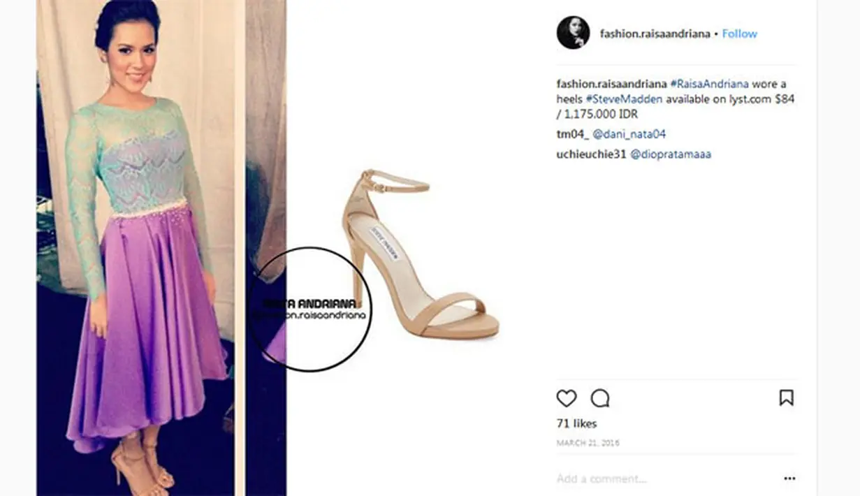Ada juga heels berwarna khaki yang sepertinya akan membuat penampilan Raisa tampak jenjang. Sepatu bermerek Steve Madden ini harganya hanya Rp. 1.175.000. (Instagram/fashion.rasiaandriana)