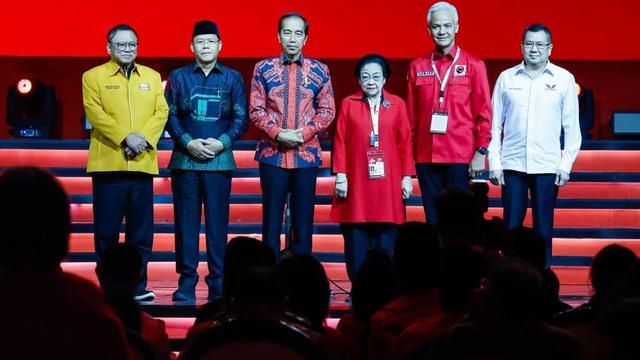 Ketua Umum Partai Politik Pengusung Ganjar Pranowo menghadiri Rakernas IV PDIP, di JIExpo, Kemayoran, Jakarta Pusat, Jumat (29/9/2023).