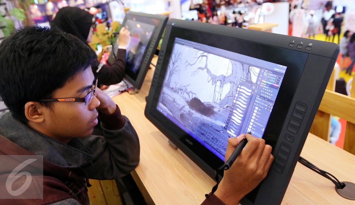 Pengunjung sedang membuat animasi kartun di stand RUS Animation Studio pada gelaran Popcon Asia 2016 di JCC, Jakarta (14/08). Studio yang didukung Djarum Foundation ini tengah merampungkan proses produksi film animasi 3D. (Liputan6.com/Fery Pradolo)