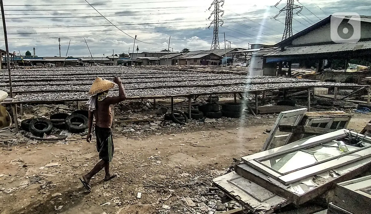 Nelayan berjalan dekat ikan asin yang sedang dijemur di Muara Angke, Jakarta, Minggu (8/11/2020). Saat ini, nelayan terpaksa menurunkan harga jual ikan asin menjadi Rp 25 ribu per kilogram. (merdeka.com/Iqbal Septian Nugroho)