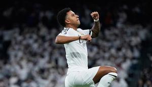 Selebrasi Rodrygo dalam laga Liga Champions antara Real Madrid vs Atletico Madrid, Rabu (5/3/2025). (c) AP Photo/Manu Fernandez