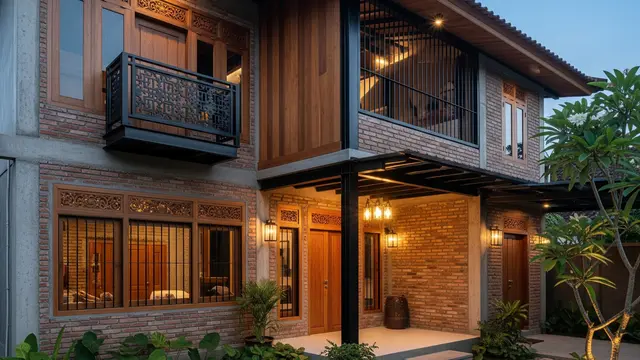 Desain Rumah Kampung dengan Dinding Bata Ekspos dan Kayu Jati (AI)