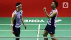 Pebulutangkis Ganda Putra Indonesia, Fajar Alfian/Muhammad Rian Ardianto berselebrasi saat melawan Ren Xiang Yu/ Tan Qiang (China) pada babak 16 Besar Turnamen Indonesia Open 2023 di Istora Gelora Bung Karno, Jakarta, Kamis (15/6/2023). (Liputan6.com/Helmi Fithriansyah)