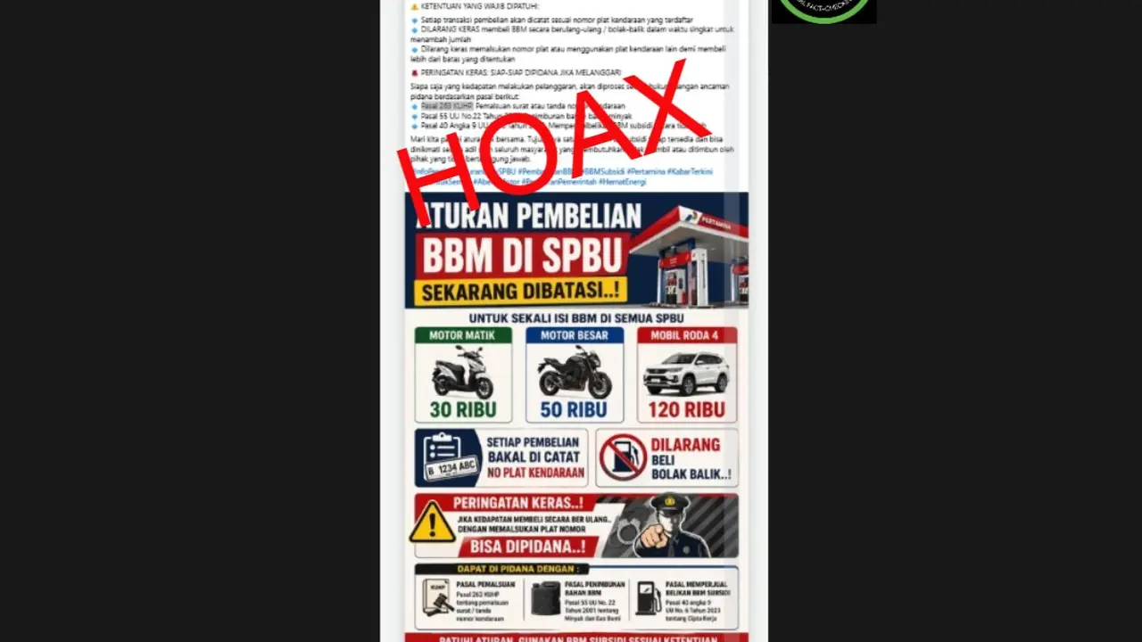 Cek Fakta Liputan6.com mendapati klaim Pertamina memberlakukan aturan baru pembatasan pembelian BBM di SPBU