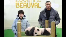 Mbappe hadir dalam upacara di kebun binatang Beauval di Saint-Aignan, bersama peraih medali emas loncat indah Olimpiade China, Zhang Jiaqi. (AFP/Guillaume Souvant)