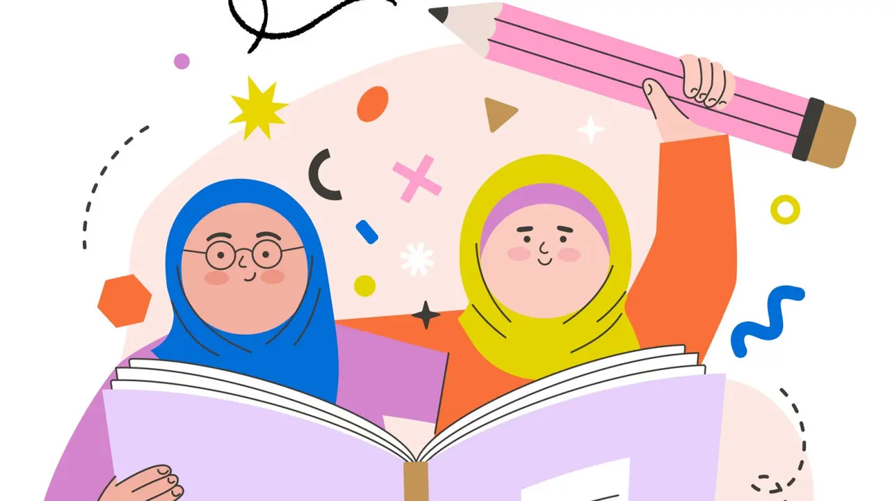 Ilustrasi muslim, siswi, belajar