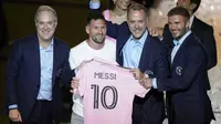 Megabintang asal Argentina, Lionel Messi resmi diperkenalkan Inter Miami. (AP Photo/Rebecca Blackwell)
