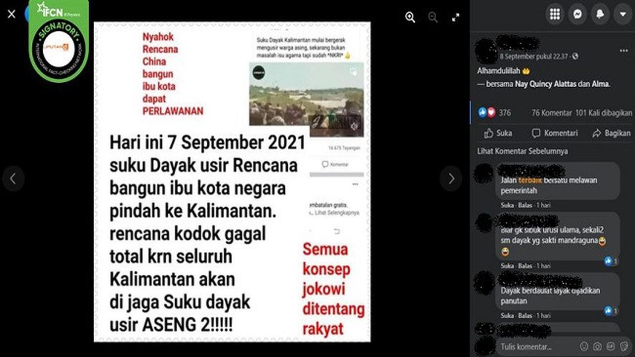Gambar Tangkapan Layar Kabar Hoaks Suku Dayak Usir Rencana Pembangunan Ibu Kota Negara di Kalimantan (sumber: Facebook).