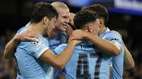 Selebrasi Erling Haaland dkk. usai mencetak gol dalam laga Manchester City vs Napoli di Liga Champions 2025/2026, Jumat (19/9/2025).&nbsp;(AP Photo/Dave Thompson)