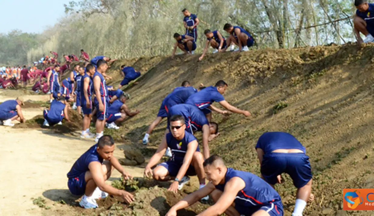 Citizen6, Surabaya: Setelah apel pagi selesai 900 prajurit Menbanpur-1 Mar melaksanakan penanaman rumput dan bambu ditanggul lapangan Tembak Jusman Puger yang sedang direnovasi. (Pengirim: Staff Intel)