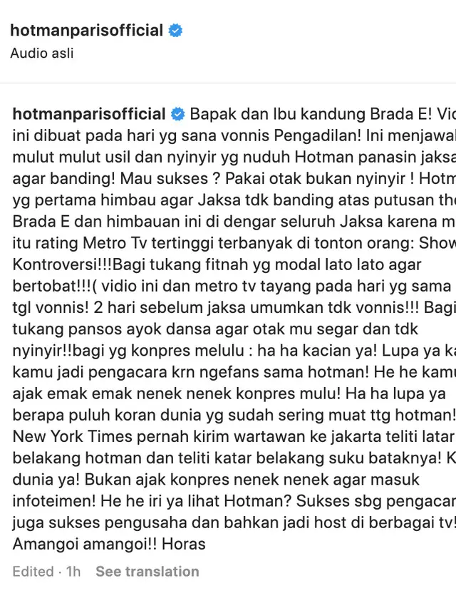 Klarifikasi Hotman Paris dituduh memanasi jaksa agar banding atas vonis Richard Eliezer. (Foto: Dok. Instagram @hotmanparisofficial)